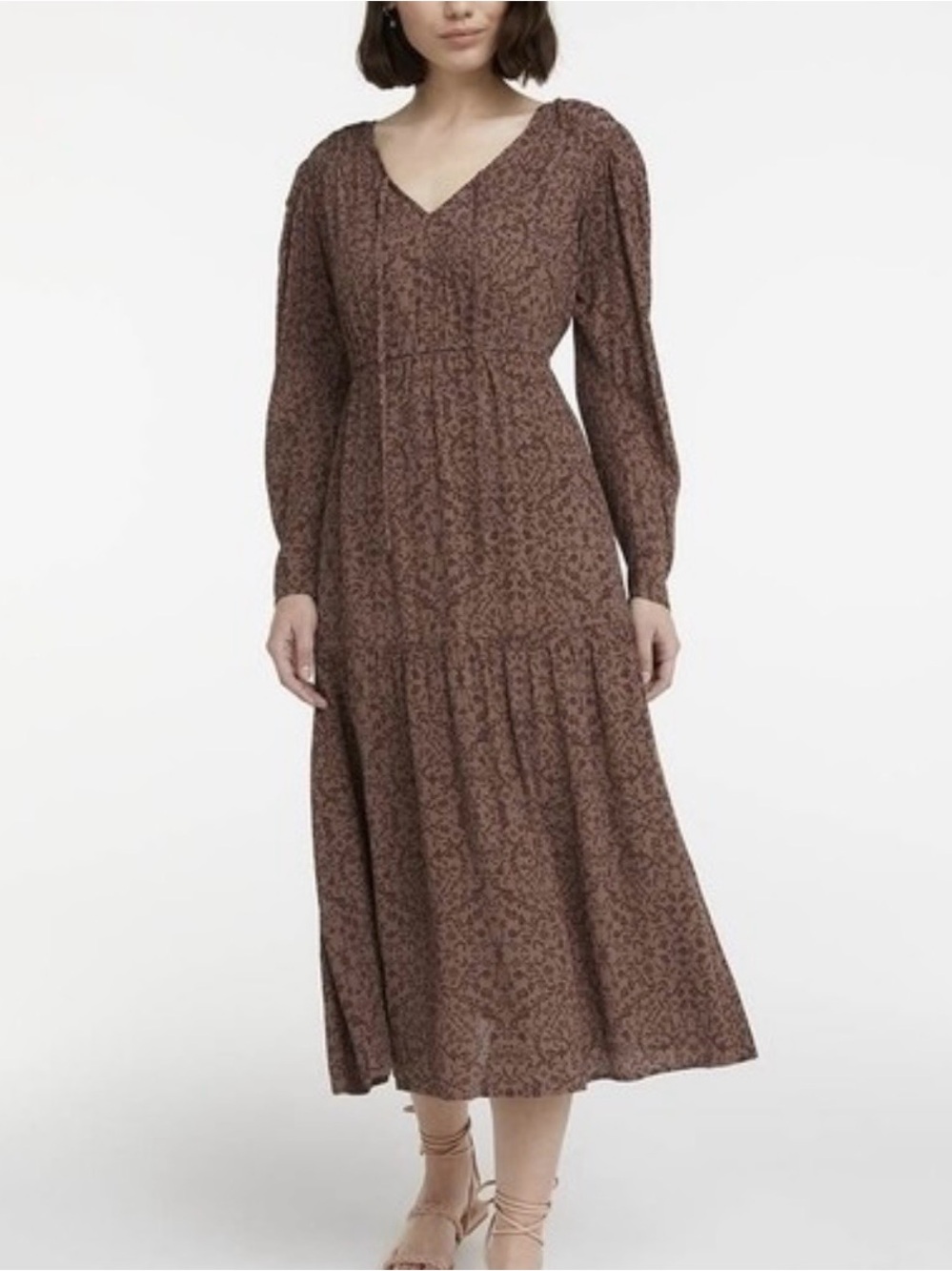 Reitmans Brown Floral V‑Neck Long Sleeve Midi Dress